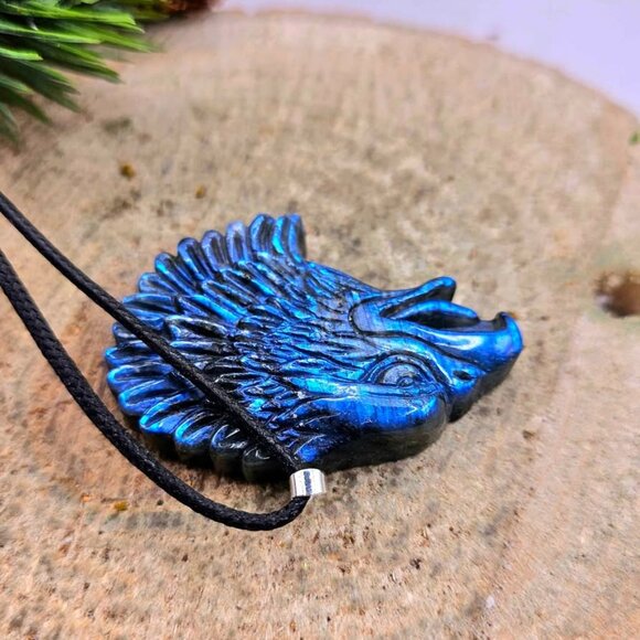 Nature Labradorite Flashy Strong Eagle Head Pendant Necklace - Picture 2 of 10